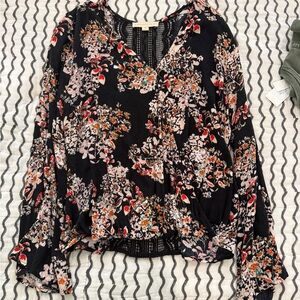 lovestitch Black Floral V-Neck Blouse with Pink and Red Accents